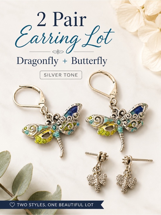 Jewelry - Silver Tone Enamel Dragonfly Dangle Earrings & Butterfly Stud Earrings Lot
